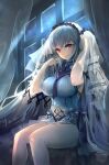  1girl absurdly_long_hair absurdres azur_lane black_choker black_neckwear black_sailor_collar bow_dress breasts choker clothing_cutout dress dress_flower feather_dress formidable_(azur_lane) formidable_(timeless_classics)_(azur_lane) grey_hair hands_in_hair highres large_breasts long_hair navel_cutout official_alternate_costume red_eyes sailor_collar sitting sleeveless sleeveless_dress solo traditional_media two-tone_dress two-tone_ribbon veil very_long_hair white_dress window xi_shui_fang 