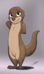  absurd_res anthro brown_body brown_fur comatose female fur green_eyes hands_behind_back hi_res looking_at_viewer lutrine mammal mustelid signature simple_background solo standing tan_body tan_fur 