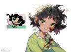  1girl artist_name bangs black_hair blood blood_on_clothes blood_on_face buttercup_(ppg) buttercup_redraw_challenge derivative_work eyebrows_visible_through_hair green_eyes green_pajamas heart highres looking_at_viewer messy_hair mochi_mun powerpuff_girls reference_inset screencap_redraw shadow simple_background smile solo white_background 