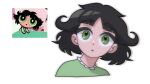  1girl bangs black_hair buttercup_(ppg) buttercup_redraw_challenge derivative_work eyebrows_visible_through_hair green_eyes green_pajamas highres looking_at_viewer messy_hair nohoo parted_lips powerpuff_girls reference_inset screencap_redraw simple_background solo white_background 