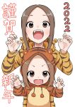  2022 2girls absurdres animal_costume animal_print brown_eyes brown_hair child chinese_zodiac claw_pose commentary_request fangs highres hood hood_down hood_up inaba_mifumi karakai_jouzu_no_(moto)_takagi-san long_hair long_sleeves looking_at_viewer multiple_girls nishikata_chii open_mouth simple_background smile takagi-san teeth tiger_costume tiger_print upper_body upper_teeth v-shaped_eyebrows white_background year_of_the_tiger 