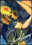  1girl absurdres blue_background blue_ribbon deho_toiimasu dress flower hat highres holding holding_flower looking_at_viewer one_eye_covered original plant ribbon shadow smile solo straw_hat sunflower upper_body yellow_dress yellow_eyes yellow_flower 