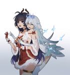  2girls :d :o antlers bangs braid christmas closed_mouth crown dress earrings elbow_gloves fake_horns gloves headband highres honkai_(series) honkai_impact_3rd horns jewelry kiana_kaslana kiana_kaslana_(divine_prayer) multiple_girls open_mouth purple_eyes purple_hair raiden_mei red_dress red_gloves sleeveless sleeveless_dress smile thighhighs twin_braids white_background white_dress white_hair white_legwear white_sleeves xiaoji_k 