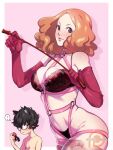 ... 1boy 1girl amamiya_ren animal_ear_fluff animal_ears ball_gag black_bra black_hair blush bondage_outfit bra breasts collarbone elbow_gloves gag glasses gloves harness large_breasts looking_at_viewer medium_hair messy_hair mole mole_on_breast navel okumura_haru orange_hair parted_lips persona persona_5 pink_background pink_gloves purple_eyes sf-20 shadow speech_bubble spoken_ellipsis thighhighs two-tone_background underwear whip white_background 