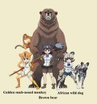  3girls african_wild_dog african_wild_dog_(kemono_friends) african_wild_dog_print animal_ears bangs bear bear_ears beige_background bike_shorts_under_skirt black_eyes black_hair black_skirt blue_shorts bob_cut boots brown_bear_(kemono_friends) brown_footwear brown_shorts clenched_hands closed_mouth commentary_request creature_and_personification cutoffs dog_ears dog_tail english_text fighting_stance frown golden_snub-nosed_monkey golden_snub-nosed_monkey_(kemono_friends) hand_on_hip highres holding holding_pole holding_weapon kemono_friends layered_sleeves leotard long_sleeves looking_at_viewer miniskirt monkey_tail multiple_girls namesake open_mouth orange_footwear orange_hair orange_legwear over_shoulder pleated_skirt pole print_legwear shirt shoes short_hair short_over_long_sleeves short_sleeves shorts silver_hair simple_background skirt sleeveless smile standing tail thighhighs weapon white_footwear white_leotard white_shirt yamaguchi_yoshimi 
