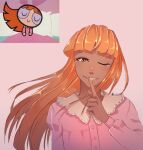 1girl alternate_skin_color artist_name bangs blossom_(ppg) blunt_bangs buttercup_(ppg) buttercup_redraw_challenge dark-skinned_female dark_skin derivative_work gradient gradient_background index_finger_raised kiaracocy long_hair one_eye_closed orange_hair pajamas parted_lips pink_background pink_pajamas powerpuff_girls red_eyes reference_inset screencap_redraw shadow smile solo 