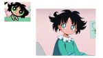  1girl black_hair bright_pupils buttercup_(ppg) buttercup_redraw_challenge derivative_work green_eyes green_pajamas highres jongho_bak long_sleeves looking_at_viewer messy_hair pillow powerpuff_girls reference_inset retro_artstyle screencap_redraw shadow smile solo under_covers white_pupils 