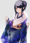  1girl absurdres black_hair commentary_request floral_print fur-trimmed_kimono fur_trim highres idolmaster idolmaster_shiny_colors japanese_clothes kazano_hiori kimono long_hair looking_at_viewer miyar2d2 obi purple_eyes sash simple_background smile solo 