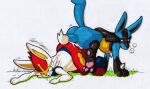  anal anal_penetration anthro ass_to_ass balls big_balls blush bodily_fluids cinderace cum cum_inflation duo genital_fluids genitals hi_res inflation lagomorph lucario male male/male male_penetrated male_penetrating male_penetrating_male mammal nintendo pawpads penetration pok&eacute;mon pok&eacute;mon_(species) rotten_owl simple_background tied_knot traditional_media_(artwork) video_games white_background white_body 