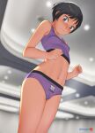  1girl :3 artist_name bangs black_hair blurry blurry_background blush bob_cut bra breasts chinese_zodiac closed_mouth commentary depth_of_field exhibitionism from_below highres long_sleeves looking_at_viewer looking_down mu-pyon nose_blush original panties print_panties public_indecency purple_bra purple_eyes purple_panties school_uniform shirt short_hair signature small_breasts solo sports_bra standing twitter_username underwear underwear_only white_shirt year_of_the_tiger 