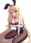  1girl animal_ears black_legwear black_leotard blonde_hair bow bowtie breasts brown_eyes cleavage detached_collar forever_7th_capital highres kirisame_koiiro leotard long_hair low-tied_long_hair low_twintails medium_breasts pantyhose playboy_bunny rabbit_ears rabbit_tail red_bow red_bowtie rena_(forever_7th_capital) simple_background sitting solo strapless strapless_leotard tail twintails wariza white_background wrist_cuffs 