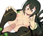  1boy 1girl absurdres asui_tsuyu black_hair black_legwear boku_no_hero_academia breasts closed_mouth collarbone commentary english_commentary gloves hair_between_eyes hetero highres imminent_penetration imminent_vaginal index_finger_raised large_breasts long_hair navel nipples nude penis pussy simple_background sitting slugbox solo_focus sweat thighhighs uncensored white_background white_gloves 