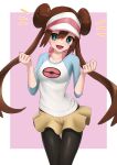  1girl :d black_legwear bow breasts bright_pupils brown_hair clenched_hands commentary double_bun green_eyes hands_up highres legwear_under_shorts long_hair looking_at_viewer mogurii notice_lines open_mouth pantyhose pink_bow pokemon pokemon_(game) pokemon_bw2 raglan_sleeves rosa_(pokemon) short_shorts shorts smile solo thigh_gap twintails visor_cap w_arms white_pupils yellow_shorts 