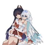  2girls antlers bangs blue_eyes braid christmas closed_mouth crown dress earrings elbow_gloves fake_horns gloves headband highres honkai_(series) honkai_impact_3rd horns hug hug_from_behind jewelry kiana_kaslana kiana_kaslana_(divine_prayer) long_hair multiple_girls purple_eyes purple_hair raiden_mei red_dress red_gloves simple_background sleeveless sleeveless_dress smile thighhighs twin_braids white_background white_dress white_hair white_legwear white_sleeves xiaoji_k 