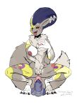  anthro bandai_namco breast_grab breasts claws digimon digimon_(species) dildo fangs female fur genitals grey_body grey_fur hand_on_breast hi_res looking_pleasured multicolored_body multicolored_fur nipples open_mouth open_smile pussy red_eyes renamon savageshark sex_toy simple_background smile solo tongue tongue_out white_body white_fur yellow_body yellow_fur 