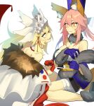  2girls animal_ear_fluff animal_ears bare_shoulders beast_iv:l blonde_hair blood blood_on_hands breasts cleavage dual_persona extra_ears fang fate/extella fate/extra fate/grand_order fate_(series) fox_ears fox_girl fox_tail fur-trimmed_kimono fur_collar fur_trim ghost_(tama) hair_over_face japanese_clothes kimono koyanskaya_(fate) large_breasts multiple_girls pink_hair shorts simple_background skin_fang tail tamamo_(fate) tamamo_no_mae_(fate/extra) white_background white_kimono white_shorts yellow_eyes 