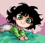  1girl 3h1nu black_hair buttercup_(ppg) buttercup_redraw_challenge derivative_work green_eyes green_pajamas long_sleeves looking_at_viewer messy_hair pillow pixel_art powerpuff_girls screencap_redraw short_hair smile solo under_covers 