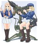  2girls anti-aircraft anti-aircraft_missile assault_rifle bangs bc_freedom_(emblem) bc_freedom_military_uniform black_footwear blonde_hair blue_background blue_headwear blue_jacket blue_vest boots bullpup cake closed_eyes closed_mouth commentary_request dress_shirt drill_hair emblem eyebrows_visible_through_hair famas food fork full_body girls_und_panzer gradient gradient_background green_eyes gun hat high_collar highres holding jacket kepi knee_boots light_frown long_hair long_sleeves looking_at_viewer marie_(girls_und_panzer) medium_hair messy_hair mikeran_(mikelan) military military_hat military_uniform miniskirt missile multiple_girls oshida_(girls_und_panzer) parted_lips partial_commentary pleated_skirt rifle saucer shadow shirt sitting skirt standing sweatdrop uniform vest weapon white_shirt white_skirt 