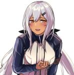  1girl 3_small_spiders bangs blush dark-skinned_female dark_skin eyebrows_visible_through_hair girls&#039;_frontline hair_ornament hairclip highres leaning_forward long_hair looking_at_viewer m590_(girls&#039;_frontline) open_mouth orange_eyes silver_hair smile solo tactical_clothes upper_body white_background 