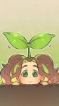  :3 blush brown_hair commentary_request ears enuma_(uma-festival) gradient gradient_background green_eyes green_hair head highres idolmaster idolmaster_cinderella_girls kusakabe_wakaba leaf long_hair looking_at_viewer multicolored_hair solo sprout_on_head thick_eyebrows two-tone_hair wavy_hair 