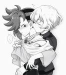  2boys bangs blush closed_eyes clothes_lift eyebrows_visible_through_hair facial_mark greyscale holding_hands hug hug_from_behind jewelry kiss kissing_neck male_focus mauro_abelard monochrome multicolored_hair multiple_boys navel necklace open_mouth riku_son shadowverse shadowverse_(anime) shirt_lift spiked_hair sweat tunic two-tone_hair yaoi yonazuki_luca 