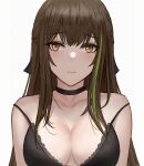  1girl 3: bangs bare_shoulders black_bra black_choker blush bra breasts brown_eyes brown_hair chinese_commentary choker cleavage closed_mouth collarbone commentary_request eyebrows_visible_through_hair girls&#039;_frontline highres large_breasts long_hair looking_at_viewer m4a1_(girls&#039;_frontline) selcky simple_background solo straight_hair strap_slip underwear underwear_only upper_body white_background 