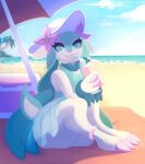  anthro beach beach_towel beach_umbrella beverage clothed clothing cooler digital_media_(artwork) dress eyelashes fak&eacute;mon faunazon female flower green_eyes hat headgear headwear hi_res nintendo painting_(artwork) patohoro plant pok&eacute;mon pok&eacute;mon_(species) sand seaside sitting sky solo thick_thighs towel traditional_media_(artwork) video_games 