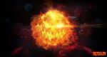  asteroid boulder fire flying glowing glowing_eye glowing_eyes halloween highres logo looking_at_viewer molten_rock no_humans open_mouth outdoors planet realistic rock science_fiction sharp_teeth space star_conflict teeth 