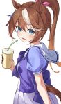  1girl :d animal_ears bangs blue_eyes blush bow bowtie brown_hair colored_tips drink eyebrows_visible_through_hair from_side hachinatsu hair_between_eyes hair_bow hair_flaps high_ponytail highres holding holding_drink horse_ears horse_girl horse_tail long_hair looking_at_viewer multicolored_hair open_mouth pink_bow pleated_skirt ponytail purple_bow purple_bowtie sailor_collar school_uniform shirt short_sleeves skirt smile solo standing tail teeth tokai_teio_(umamusume) tracen_school_uniform two-tone_hair umamusume white_hair 