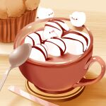  animal_focus bird chai chocolate_syrup commentary cup food food_focus hot_chocolate looking_at_another marshmallow muffin mug original plate signature spoon table 