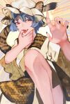  1girl abstract_background alternate_costume animal_ears blue_hair fangs feet_out_of_frame finger_in_mouth hat highres knee_up late_(late327) licking licking_finger looking_to_the_side mob_cap nail_polish open_mouth red_eyes remilia_scarlet solo tail tiger_ears tiger_tail tongue tongue_out touhou 