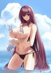  1girl breasts collarbone fate/grand_order fate_(series) gachou highres large_breasts long_hair looking_at_viewer navel nipple_slip nipples purple_hair red_eyes scathach_(fate) smile solo thighs translation_request 