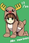  1girl all_fours animal_costume animal_hood antlers bangs blunt_bangs brown_hair character_name closed_mouth commentary_request dated dot_nose fake_antlers full_body green_background green_eyes highres hitoribocchi_no_marumaru_seikatsu honshou_aru hood hood_up katsuwo_(cr66g) light_blush long_hair looking_at_viewer reindeer_antlers reindeer_costume reindeer_hood sidelocks simple_background solo 