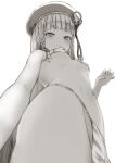  1girl bangs bare_shoulders beret bikini blunt_bangs blush braid breasts erune granblue_fantasy greyscale hat highres long_hair looking_at_viewer monochrome navel nosuku pholia quad_braids short_eyebrows side_braids small_breasts smile solo swimsuit thighs 