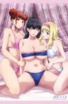  3girls absurdres artist_request bikini black_hair blonde_hair blue_bikini blue_eyes breasts brown_hair green_eyes highres hiiragi_shunka huge_breasts ichijou_natsu large_breasts long_hair multiple_girls navel official_art pink_bikini red_eyes shiny shiny_hair shiny_skin short_hair shuumatsu_no_harem sitting skindentation swimsuit toudou_akira_(shuumatsu_no_harem) white_bikini 