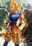  2boys angry aura blonde_hair boots cloud day dougi dragon_ball dragon_ball_z frieza frieza_clan green_eyes green_sky highres lightning long_hair male_focus multiple_boys muscular namek ocean one_eye_closed outdoors pants red_eyes sky solo_focus son_goku spiked_hair super_saiyan super_saiyan_1 tail tesshii_(riza4828) torn_clothes wristband 