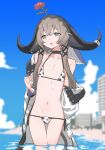  1girl :o animal_ears arknights ass_visible_through_thighs bangs bare_shoulders bikini black_choker black_ribbon blue_sky blush brown_hair choker collarbone cow_ears cow_girl cow_horns day eyebrows_visible_through_hair fang flat_chest flower green_eyes highres horns jacket long_sleeves looking_away looking_to_the_side lowleg lowleg_bikini micro_bikini navel ocean open_clothes open_jacket open_mouth outdoors pallas_(arknights) print_bikini raigou red_flower red_rose ribbon rose short_hair_with_long_locks side-tie_bikini sidelocks skin_fang sky solo stomach swimsuit thigh_gap veil wading water white_jacket 