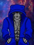 abs absurd_res anthro blue_clothing blue_hoodie blue_topwear canid canine canis charles_grey clothed clothing cosmic_background covered_eyes hand_in_pocket hi_res hood_up hoodie male mammal muscular open_clothing open_hoodie open_topwear pockets shirtless solo space space_background spaceshiplewis topwear wolf 