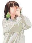  1girl animal animal_on_shoulder artist_name bangs bird bird_on_shoulder blush brown_hair closed_eyes commentary_request eyebrows_behind_hair holding holding_animal holding_bird kiss mattaku_mousuke medium_hair original parrot shirt simple_background solo t-shirt twitter_username white_background white_shirt 