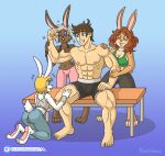  abs anthro bench biceps blonde_hair blue_eyes blueumbra brown_body brown_fur brown_skin bulge butt camel_toe clothing costume dark_body dark_fur feet female fitness fur group gym gym_clothing hair hi_res human humanoid lagomorph leporid male male/female mammal muscular nipples pecs purple_eyes rabbit silver_hair smile sparkles toes touching_arm touching_thigh triceps white_body white_fur white_skin william_(blueumbra) yellow_eyes 