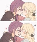 2girls bang_dream! blonde_hair blush commentary_request dated_commentary eyebrows_visible_through_hair food_in_mouth hair_over_shoulder heart multiple_girls parted_lips purple_eyes purple_hair red_eyes seri_(vyrlw) seta_kaoru shirasagi_chisato squiggle sweatdrop yuri 