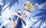  1girl alternate_costume artist_name azur_lane bare_shoulders blonde_hair blue_dress blue_ribbon blue_sky character_name dress dutch_angle green_hair hair_ribbon looking_at_viewer medium_hair ribbon sky solo southampton_(azur_lane) thighhighs vilor white_legwear zettai_ryouiki 