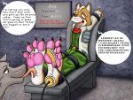  4:3 4_toes anthro barefoot big_feet blush bodily_fluids canid canine clothed clothing duo english_text feet foot_fetish foot_lick foot_play fox fox_mccloud fur green_eyes laugh licking looking_at_another male mammal multicolored_body multicolored_fur nintendo one_eye_closed open_mouth pawpads paws pink_pawpads restrained sitting soles solo_focus speech_bubble star_fox tears teeth text tickle_torture tickling toes tongue tongue_out two_tone_body two_tone_fur video_games wuffeet 