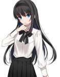  1girl bangs black_bow black_hair black_hairband black_skirt blue_eyes bow bowtie commentary_request eyebrows_visible_through_hair fingernails hairband hand_on_own_face long_hair long_sleeves looking_at_viewer nemu_mohu pleated_skirt shirt sidelocks simple_background skirt solo tohno_akiha tsukihime tsukihime_(remake) upper_body very_long_hair white_background white_shirt 