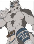  2019 5_fingers abs anthro biceps canine chest_tuft clothing enaeric fur headband hi_res horkeukamui male mammal multicolored_fur muscular muscular_male nipples pecs simple_background solo tokyo_afterschool_summoners tuft video_games white_fur wolf 