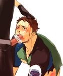  albert_wesker biohazard blood blue_eyes brown_hair censored chris_redfield cum cum_on_face facial fellatio gloves male_focus multiple_boys nipple nipples oral penis pointless_censoring resident_evil resident_evil_5 torn_clothes torn_clothing white_background yaoi 