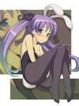  animal_ears blue_eyes blush breasts bunny_ears bunnysuit clothed_masturbation collarbone feet hair_ribbon hiiragi_kagami legs light_smile long_hair lucky_star masturbation medium_breasts munashi_mujou pantyhose purple_hair ribbon shy solo twintails zoom_layer 