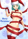 aqua_hair blue_hair bow bowtie breasts brown_eyes christmas colored_pubic_hair dragon@harry gloves hat highres large_breasts naked_ribbon nipples original pubic_hair red_gloves ribbon solo surprised thighhighs 
