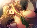  1girl 3boys bdsm blonde_hair blush bondage bound breast_sucking breasts double_breast_sucking elf game_cg green_eyes multiple_boys pointy_ears rope team-tanabe teamwork tiffania_westwood zero_no_tsukaima 