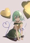  1girl :o a_pomelo absurdres adapted_costume balloon bare_shoulders breasts choker green_eyes green_hair heart heart-shaped_pupils heart_balloon heart_choker heart_of_string highres komeiji_koishi looking_at_viewer no_hat no_headwear off-shoulder_shirt off_shoulder pantyhose seiza shirt short_hair sitting skirt small_breasts solo symbol-shaped_pupils third_eye touhou wrist_cuffs 